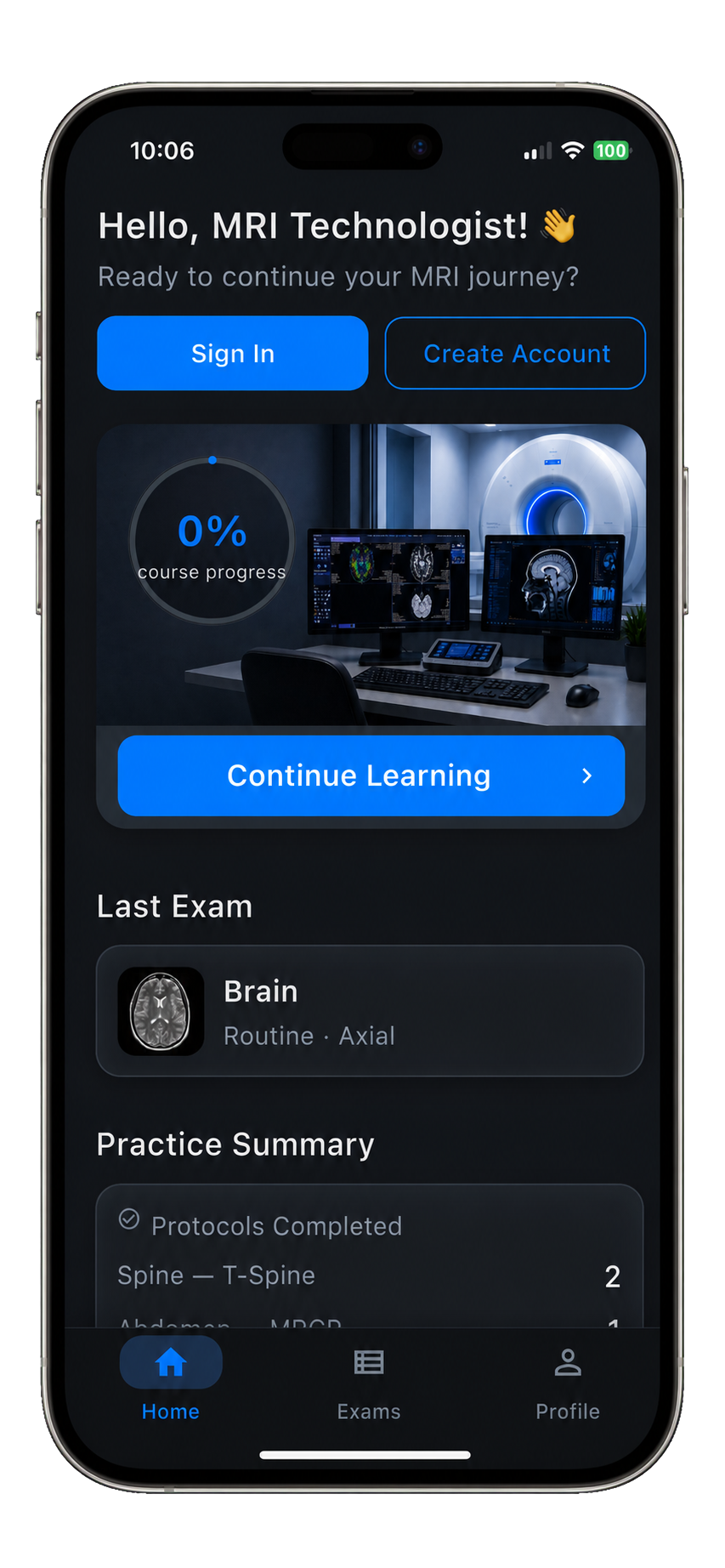 MRI Plan mobile app Home screen showing course progress and recent exam